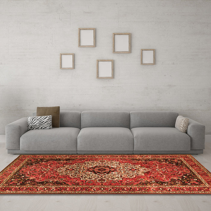 Machine Washable Medallion Orange Traditional Area Rugs in a Living Room, wshtr1627org
