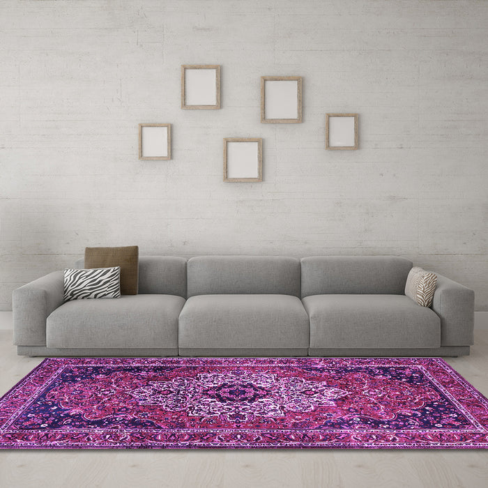 Machine Washable Medallion Purple Traditional Area Rugs in a Living Room, wshtr1627pur