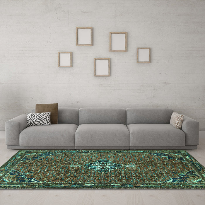 Machine Washable Persian Turquoise Traditional Area Rugs in a Living Room,, wshtr1628turq