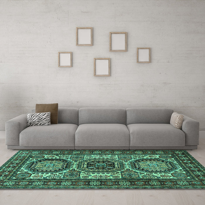 Machine Washable Persian Turquoise Traditional Area Rugs in a Living Room,, wshtr1629turq