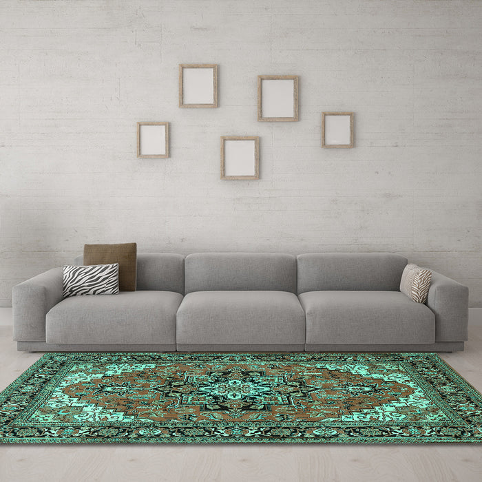Machine Washable Persian Turquoise Traditional Area Rugs in a Living Room,, wshtr1630turq
