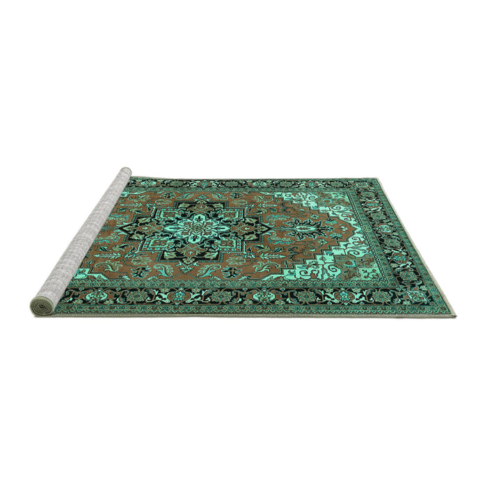 Sideview of Machine Washable Persian Turquoise Traditional Area Rugs, wshtr1630turq