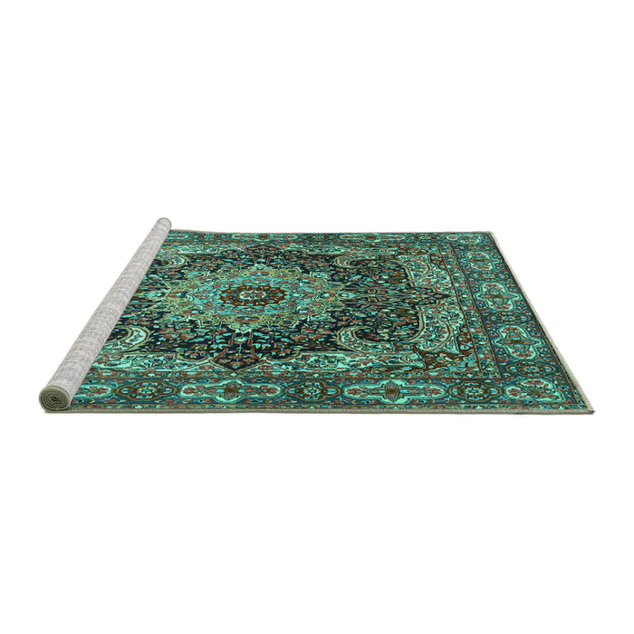 Sideview of Machine Washable Persian Turquoise Traditional Area Rugs, wshtr1631turq