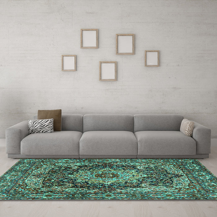 Machine Washable Persian Turquoise Traditional Area Rugs in a Living Room,, wshtr1631turq