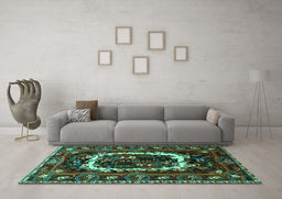 Machine Washable Persian Turquoise Traditional Area Rugs in a Living Room,, wshtr1633turq