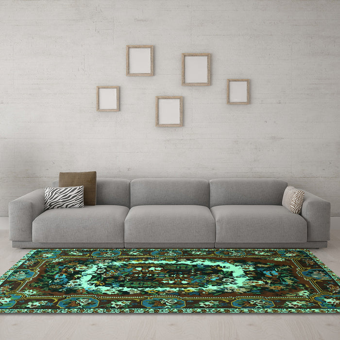 Machine Washable Persian Turquoise Traditional Area Rugs in a Living Room,, wshtr1633turq