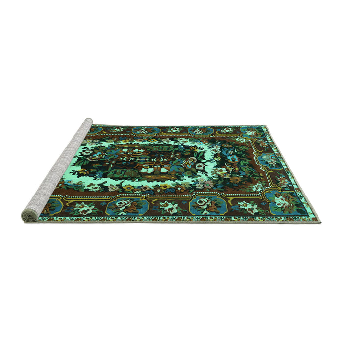 Sideview of Machine Washable Persian Turquoise Traditional Area Rugs, wshtr1633turq
