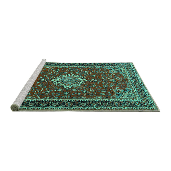 Sideview of Machine Washable Medallion Turquoise Traditional Area Rugs, wshtr1634turq