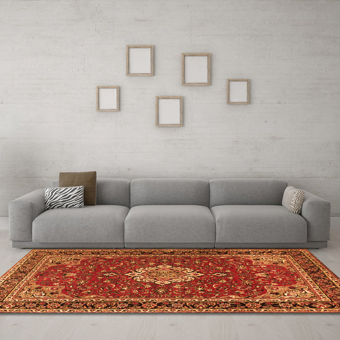 Machine Washable Medallion Orange Traditional Area Rugs in a Living Room, wshtr1634org