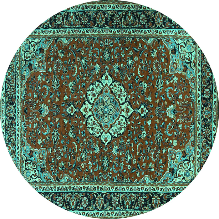 Round Machine Washable Medallion Turquoise Traditional Area Rugs, wshtr1634turq