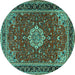 Round Machine Washable Medallion Turquoise Traditional Area Rugs, wshtr1634turq