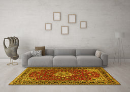 Machine Washable Medallion Yellow Traditional Rug in a Living Room, wshtr1634yw