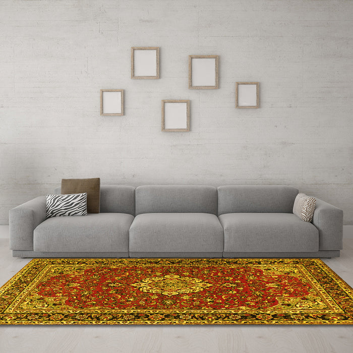 Machine Washable Medallion Yellow Traditional Rug in a Living Room, wshtr1634yw