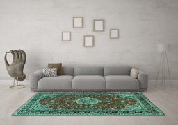 Machine Washable Medallion Turquoise Traditional Area Rugs in a Living Room,, wshtr1634turq