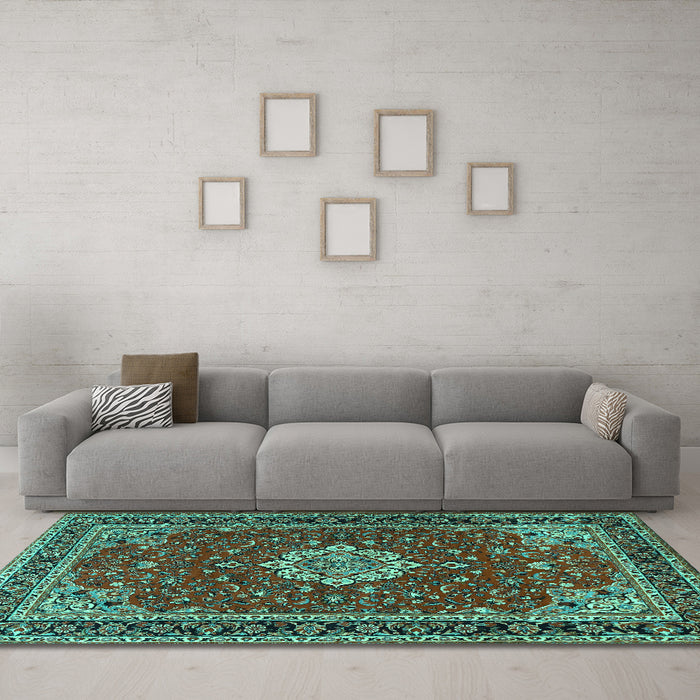 Machine Washable Medallion Turquoise Traditional Area Rugs in a Living Room,, wshtr1634turq