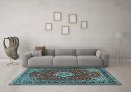 Machine Washable Medallion Light Blue Traditional Rug in a Living Room, wshtr1634lblu