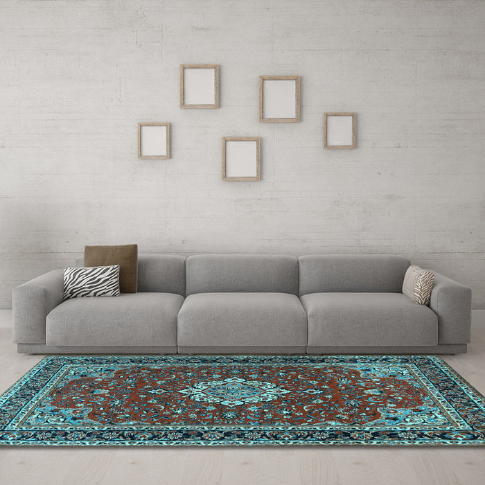 Machine Washable Medallion Light Blue Traditional Rug in a Living Room, wshtr1634lblu