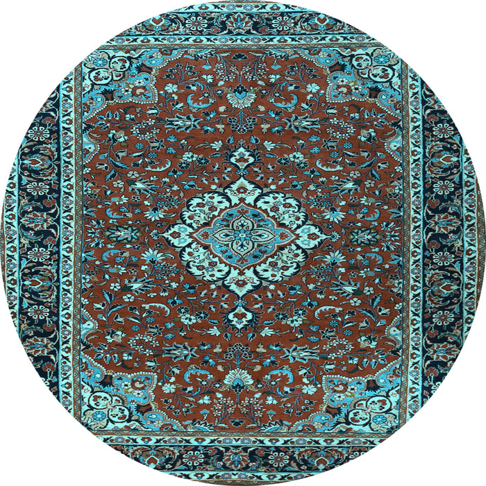 Round Machine Washable Medallion Light Blue Traditional Rug, wshtr1634lblu