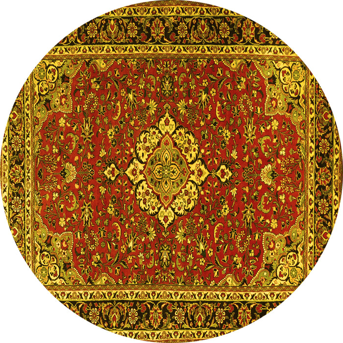 Round Machine Washable Medallion Yellow Traditional Rug, wshtr1634yw