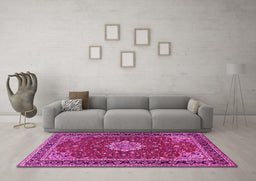 Machine Washable Medallion Pink Traditional Rug in a Living Room, wshtr1634pnk