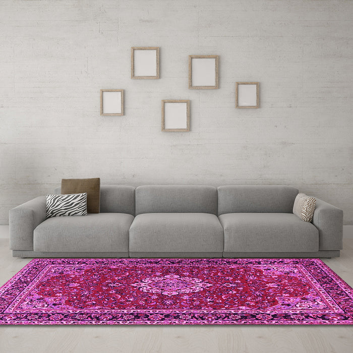 Machine Washable Medallion Pink Traditional Rug in a Living Room, wshtr1634pnk