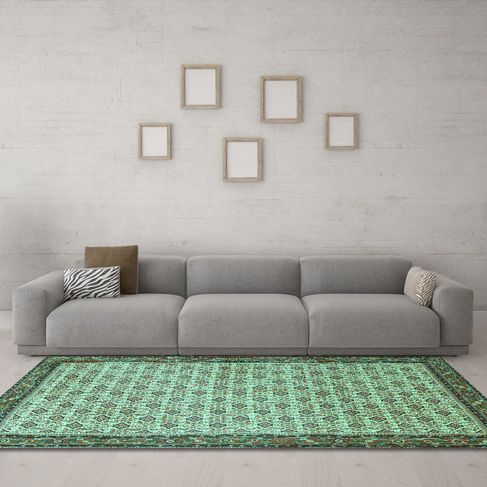 Machine Washable Persian Turquoise Traditional Area Rugs in a Living Room,, wshtr1635turq