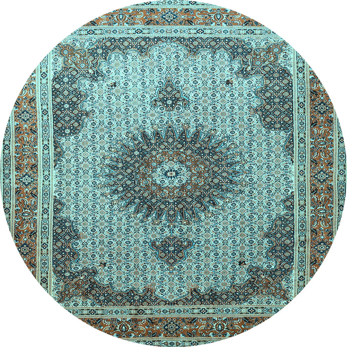 Round Machine Washable Medallion Light Blue Traditional Rug, wshtr1637lblu