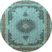 Round Machine Washable Medallion Light Blue Traditional Rug, wshtr1637lblu