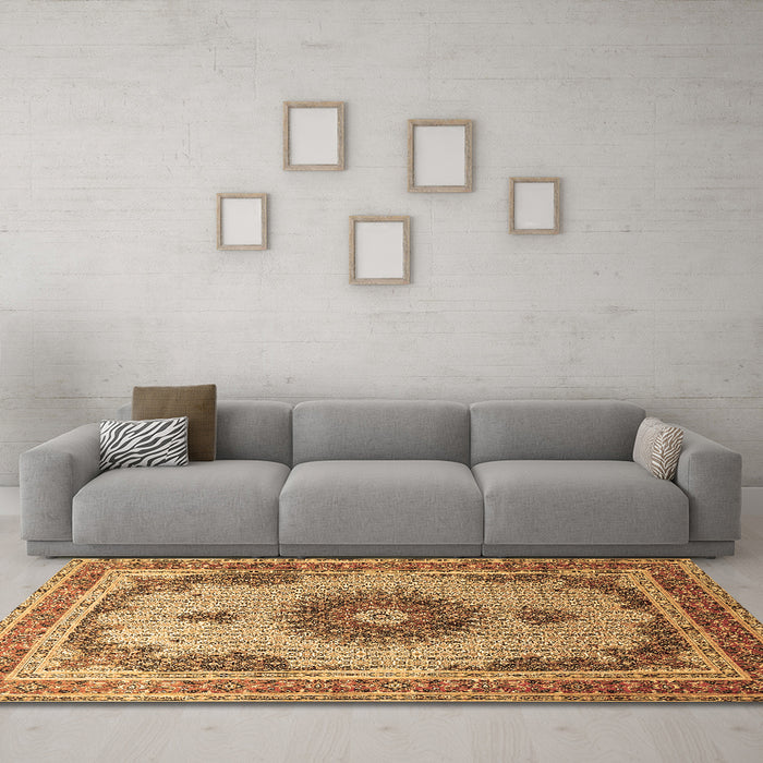 Machine Washable Medallion Brown Traditional Rug in a Living Room,, wshtr1637brn