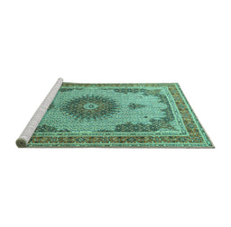 Sideview of Machine Washable Medallion Turquoise Traditional Area Rugs, wshtr1637turq
