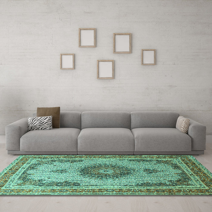 Machine Washable Medallion Turquoise Traditional Area Rugs in a Living Room,, wshtr1637turq