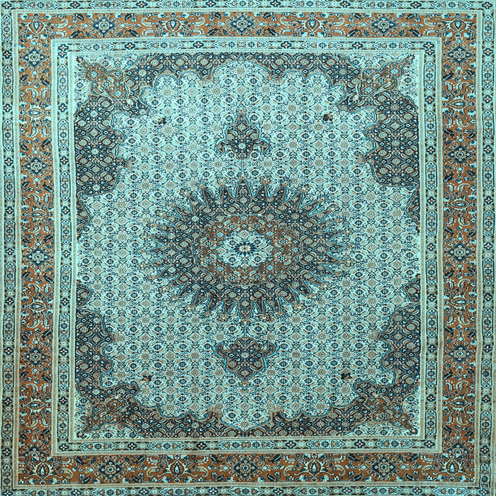 Square Machine Washable Medallion Light Blue Traditional Rug, wshtr1637lblu