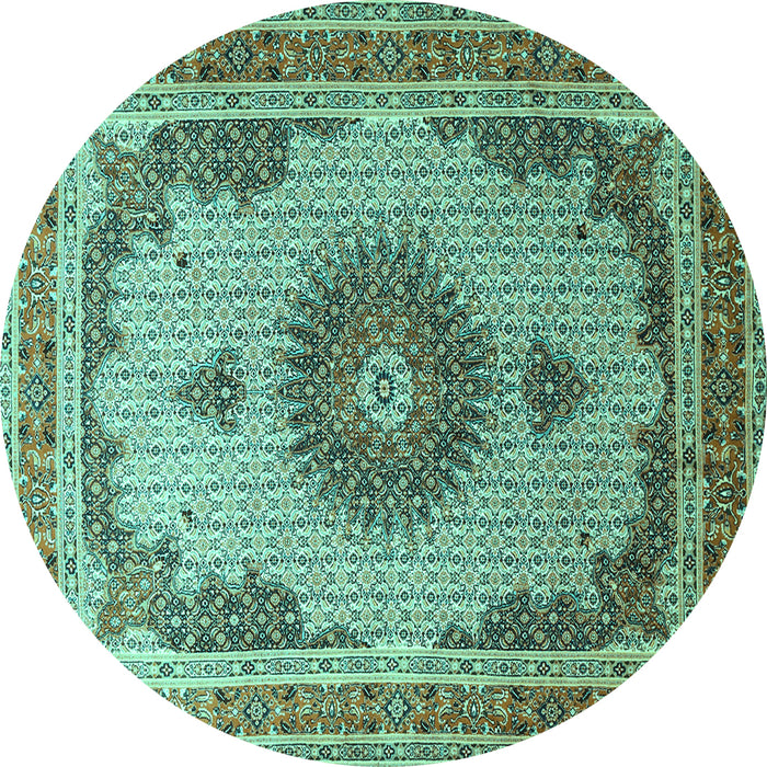 Round Machine Washable Medallion Turquoise Traditional Area Rugs, wshtr1637turq