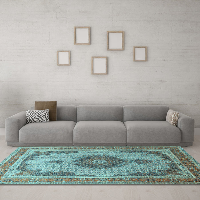 Machine Washable Medallion Light Blue Traditional Rug in a Living Room, wshtr1637lblu