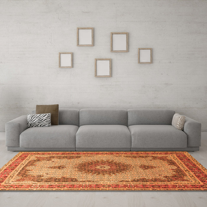 Machine Washable Medallion Orange Traditional Area Rugs in a Living Room, wshtr1637org