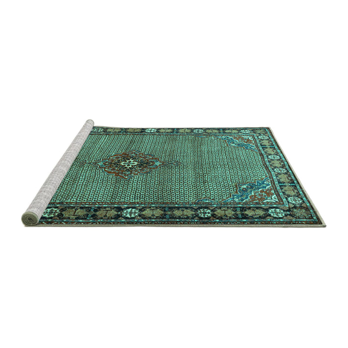 Sideview of Machine Washable Persian Turquoise Traditional Area Rugs, wshtr1638turq