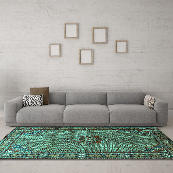 Machine Washable Persian Turquoise Traditional Area Rugs in a Living Room,, wshtr1638turq