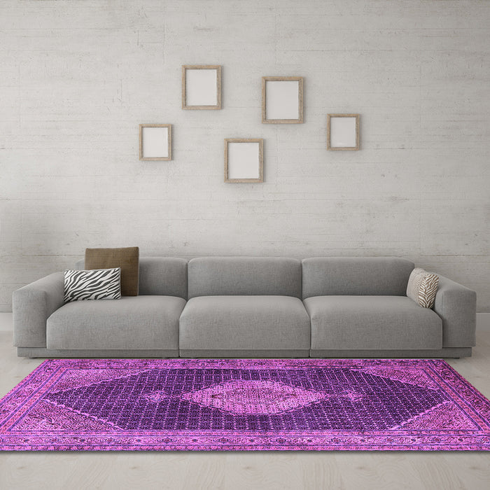 Machine Washable Medallion Purple Traditional Area Rugs in a Living Room, wshtr1639pur
