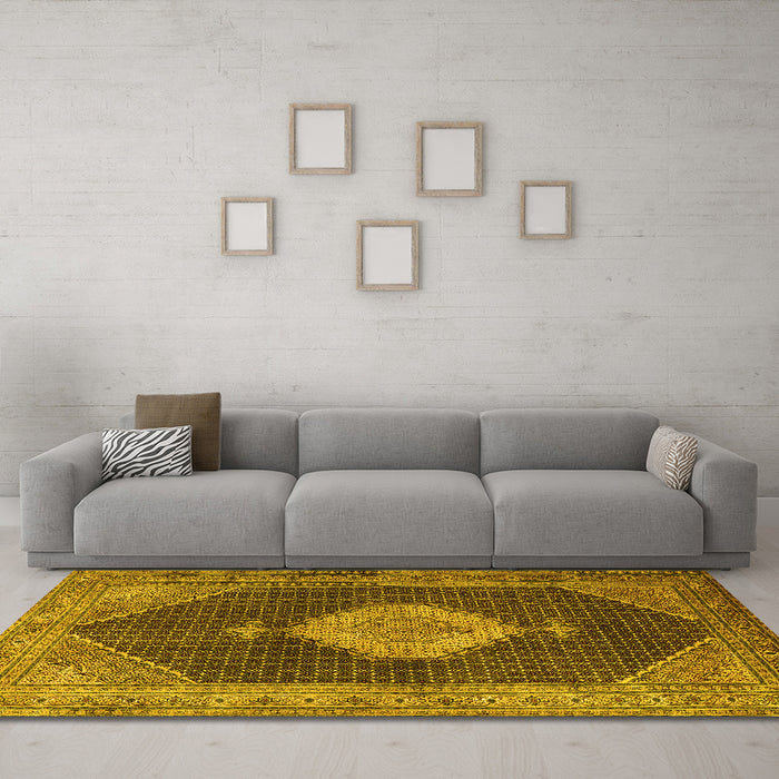 Machine Washable Medallion Yellow Traditional Rug in a Living Room, wshtr1639yw