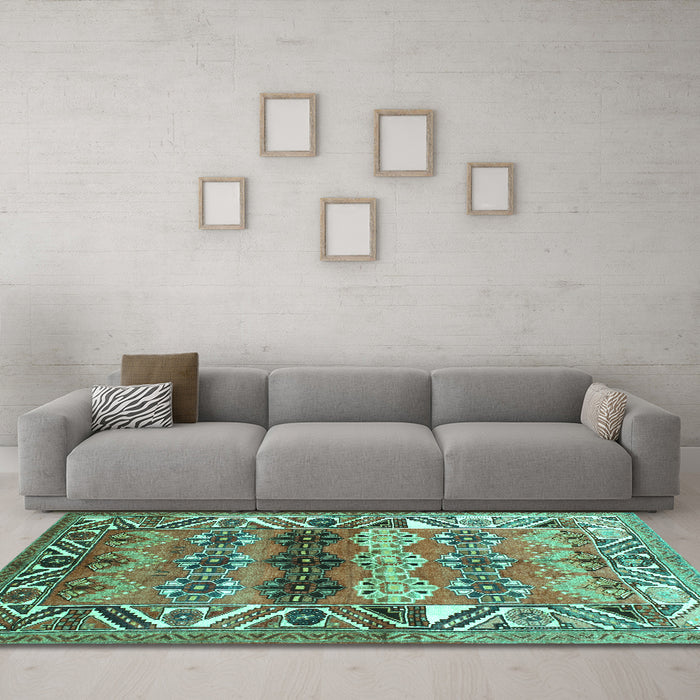 Machine Washable Persian Turquoise Traditional Area Rugs in a Living Room,, wshtr163turq