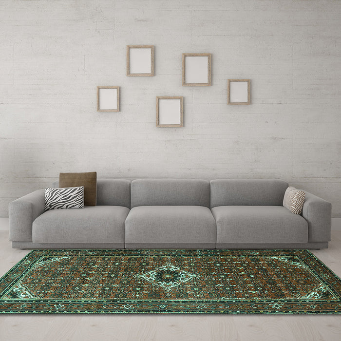 Machine Washable Persian Turquoise Traditional Area Rugs in a Living Room,, wshtr1641turq