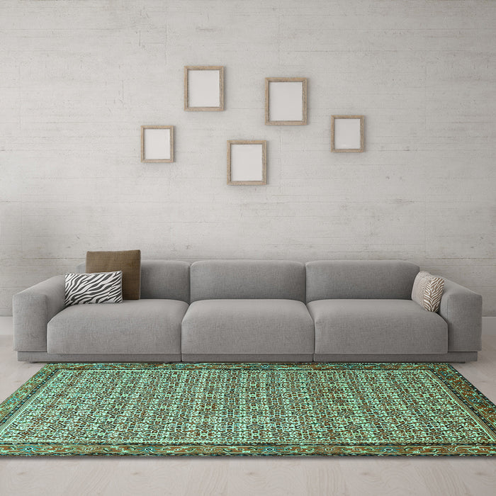 Machine Washable Persian Turquoise Traditional Area Rugs in a Living Room,, wshtr1642turq