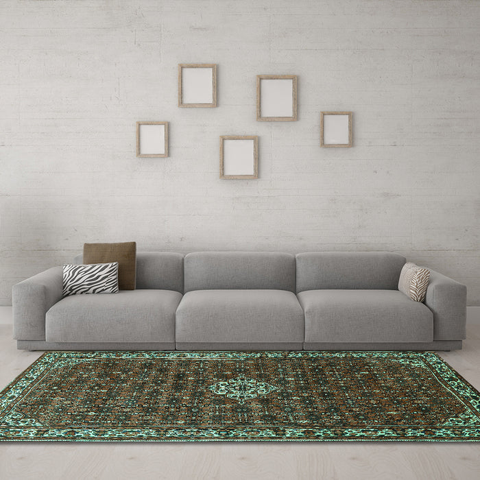 Machine Washable Persian Turquoise Traditional Area Rugs in a Living Room,, wshtr1643turq