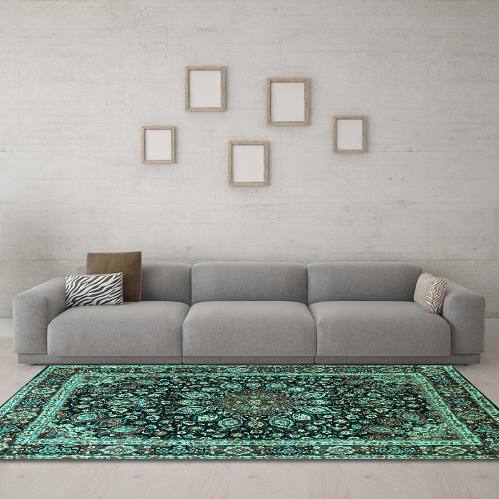 Machine Washable Persian Turquoise Traditional Area Rugs in a Living Room,, wshtr1644turq
