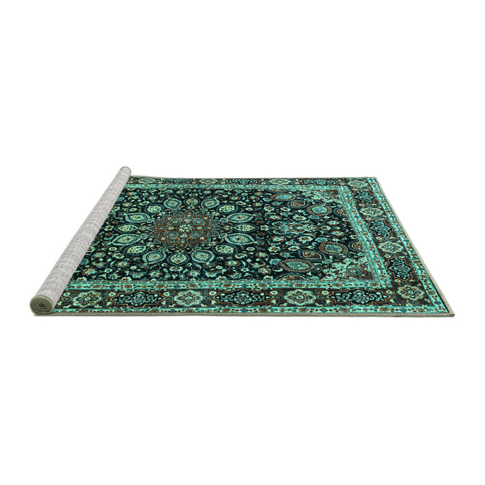 Sideview of Machine Washable Persian Turquoise Traditional Area Rugs, wshtr1644turq