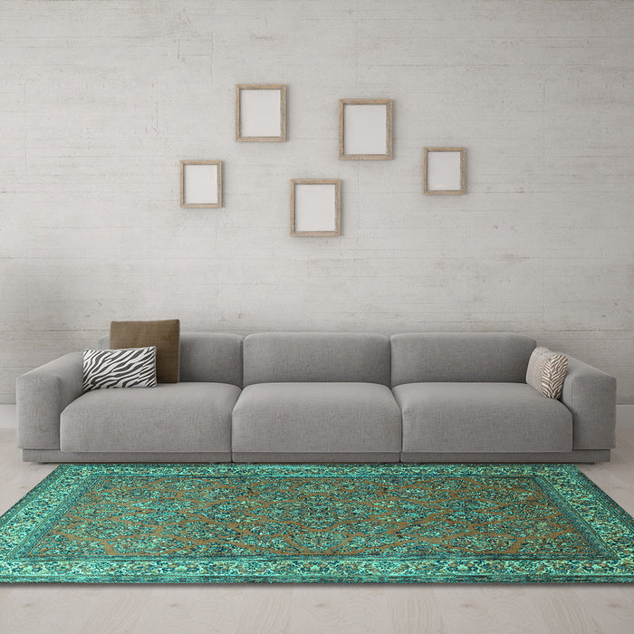 Machine Washable Persian Turquoise Traditional Area Rugs in a Living Room,, wshtr1646turq