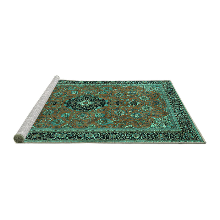 Sideview of Machine Washable Medallion Turquoise Traditional Area Rugs, wshtr1647turq