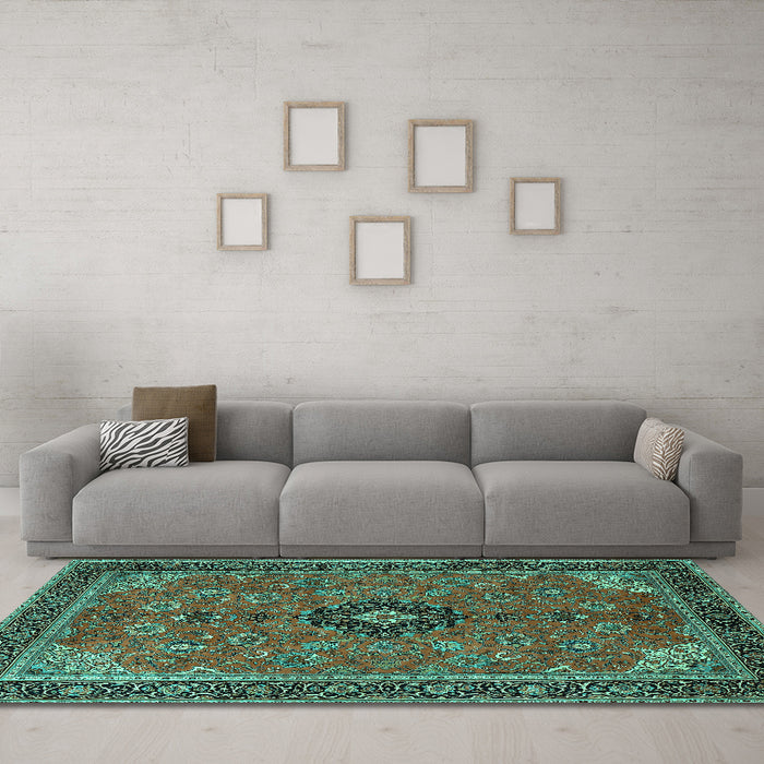 Machine Washable Medallion Turquoise Traditional Area Rugs in a Living Room,, wshtr1647turq