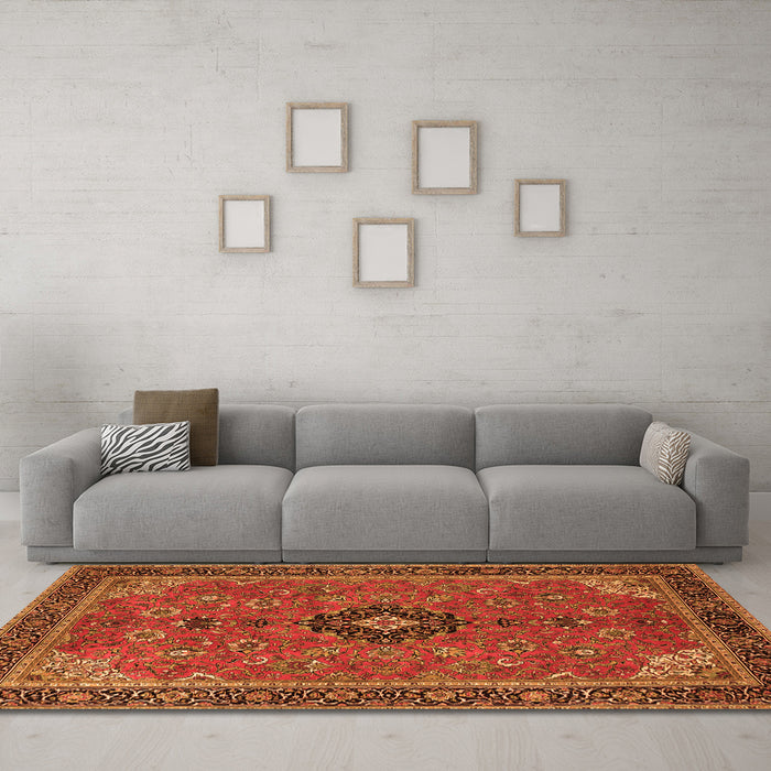Machine Washable Medallion Orange Traditional Area Rugs in a Living Room, wshtr1647org