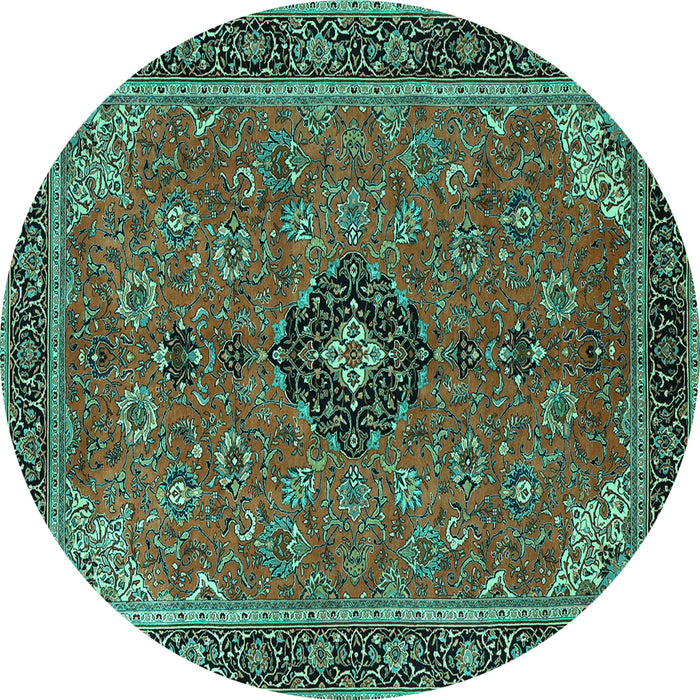 Round Machine Washable Medallion Turquoise Traditional Area Rugs, wshtr1647turq